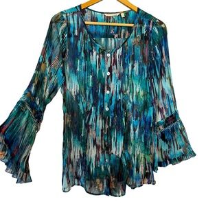 SOFT SURROUNDINGS Boho Bell sleeve Pin tuck Button Abstract sheer Top womens S